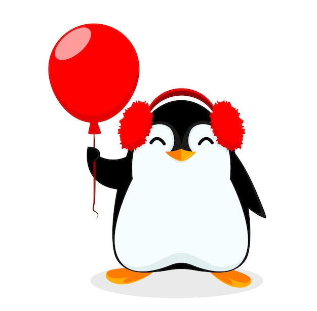 Pinguim bonitinho segura balão vermelho