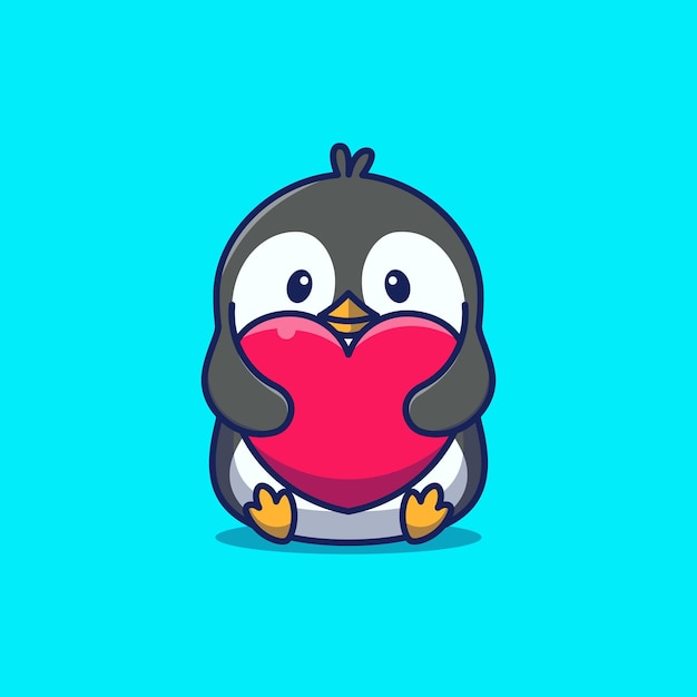 Pinguim bonitinho segurando ilustração de ícone de desenho de coração grande