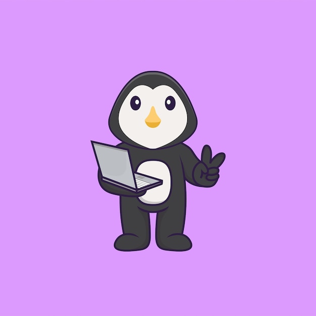 Pinguim bonitinho segurando laptop. Conceito de desenho animado animal isolado.