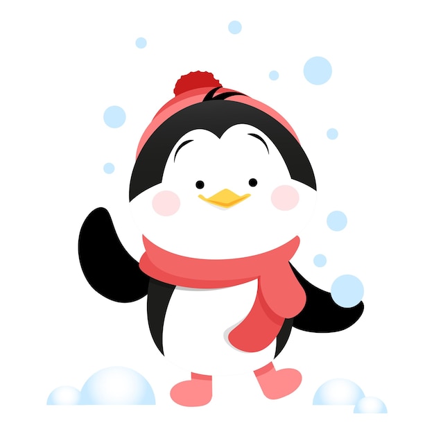 Pinguim bonito em um chapéu vermelho e cachecol e bolas de neve