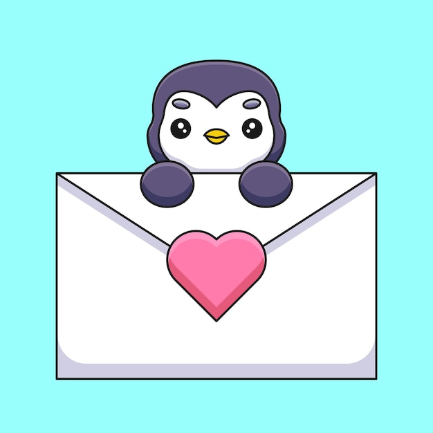 Pinguim bonito segurando uma carta de amor mascote dos desenhos animados doodle arte mão desenhada contorno conceito vetor ilustração ícone kawaii