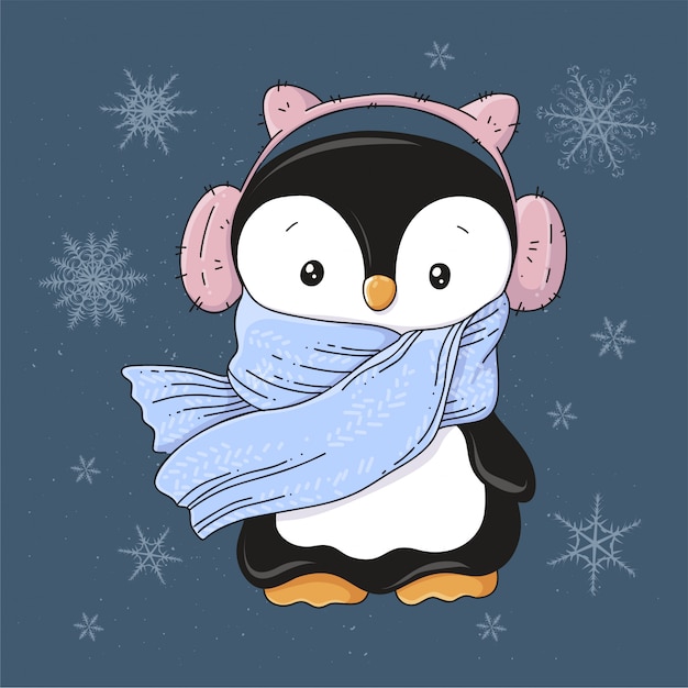 Pinguim de cartão de natal em fones de ouvido e um cachecol