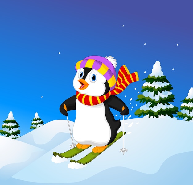 Pinguim de desenhos animados esqui descendo uma encosta de montanha