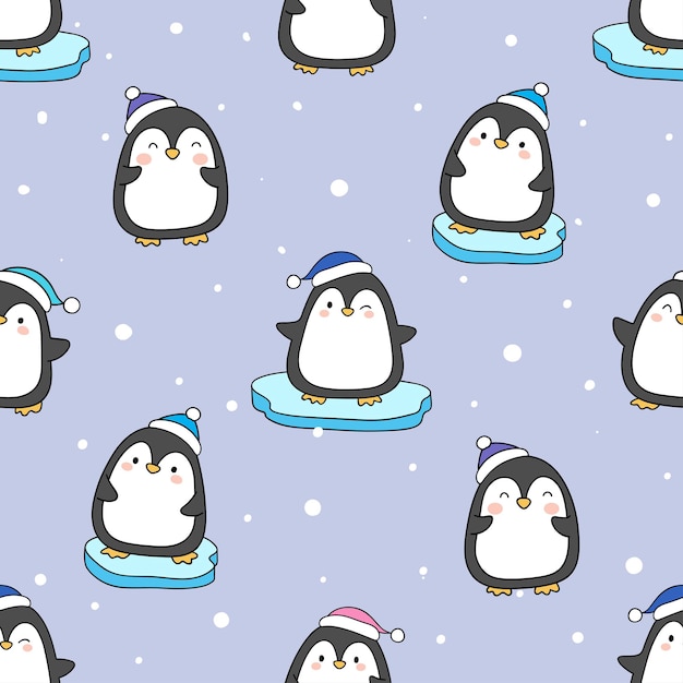 Pinguim de fundo padrão sem costura na neve para o conceito de inverno doodle estilo cartoon