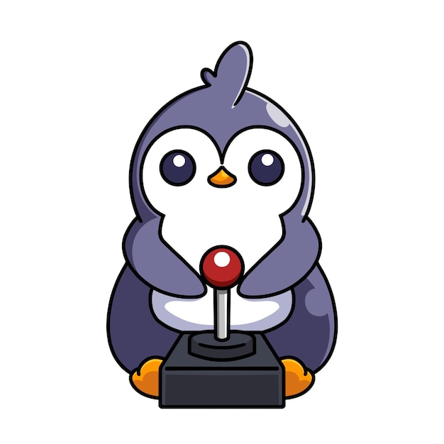 Pinguim de jogo bonito com joystick - personagem de desenho animado - ilustração vetorial