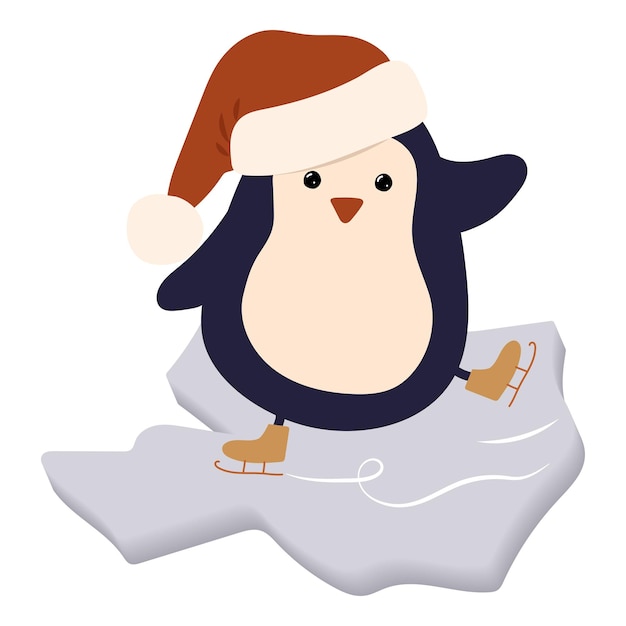 Pinguim de patins e com um chapéu de papai noel em um bloco de gelo clipart de inverno