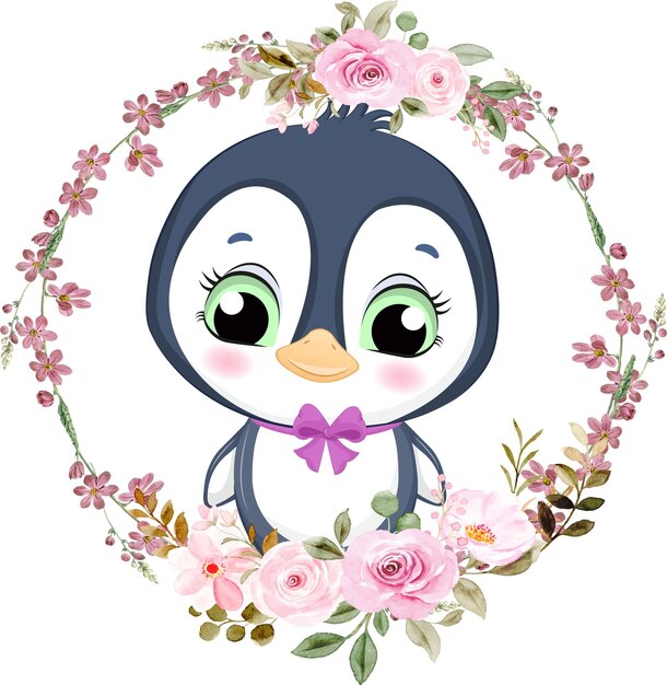 Vetor pinguim fofinho com guirlanda de flores