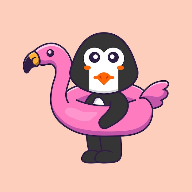 Vetor pinguim fofo com bóia de flamingo. conceito de desenho animado animal isolado