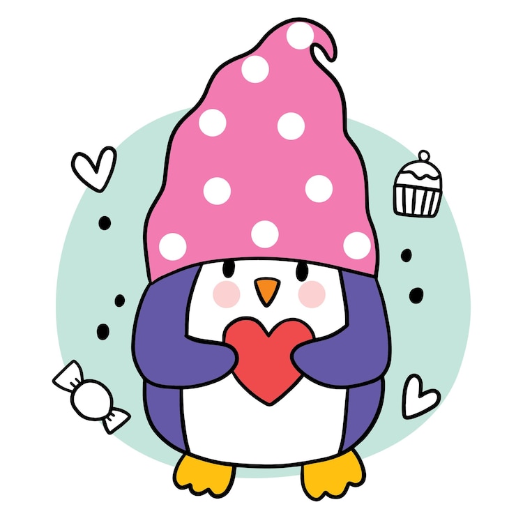 Vetor pinguim fofo de desenho animado e pequeno vetor de rabiscos de coração