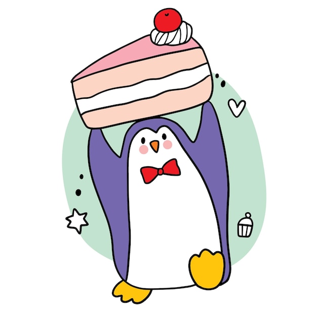 Pinguim fofo de desenho animado e vetor de bolo grande