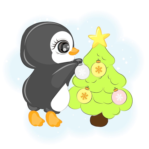 Pinguim fofo de natal com uma ilustração vetorial de árvore de natal