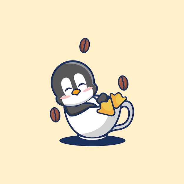 Pinguim fofo deitado em vetor de desenho animado de xícara de café