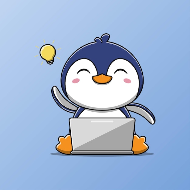 Pinguim fofo está trabalhando no laptop e tem uma ilustração vetorial de ideia