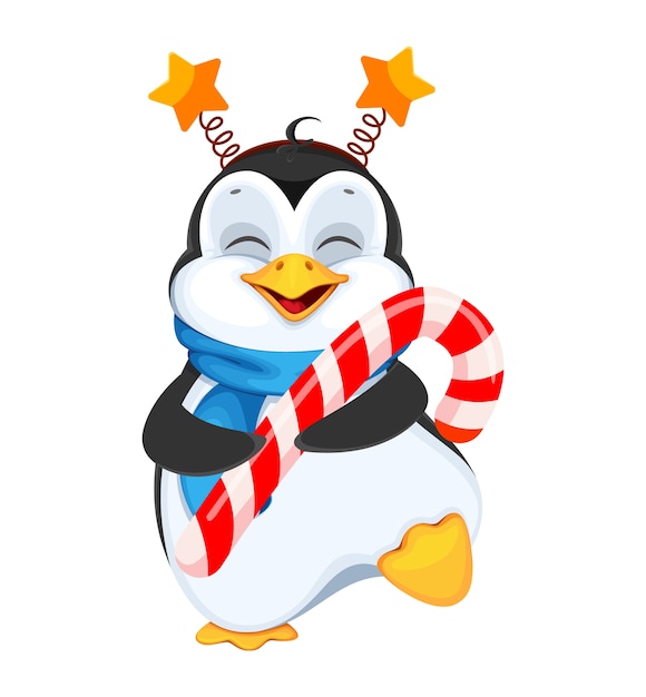 Pinguim fofo segurando um bastão de doces feliz natal e feliz ano novo