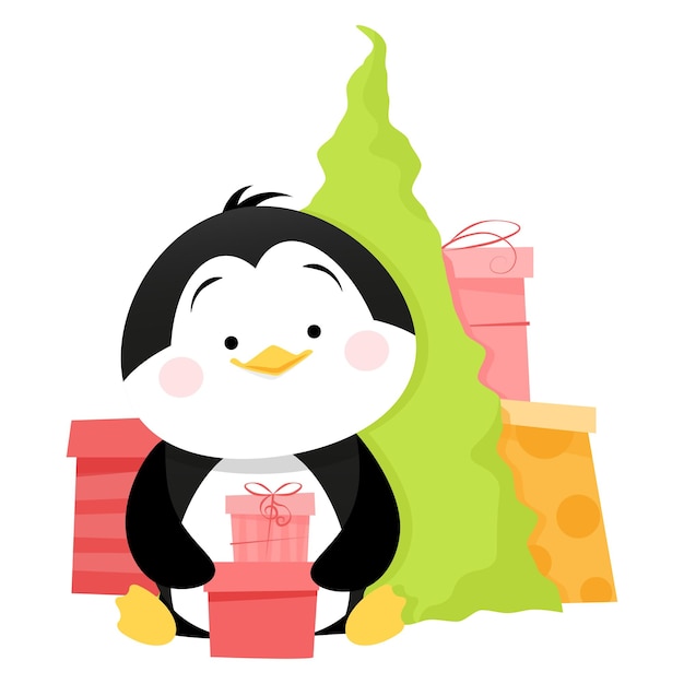 Pinguim fofo senta-se perto da árvore de natal com presentes