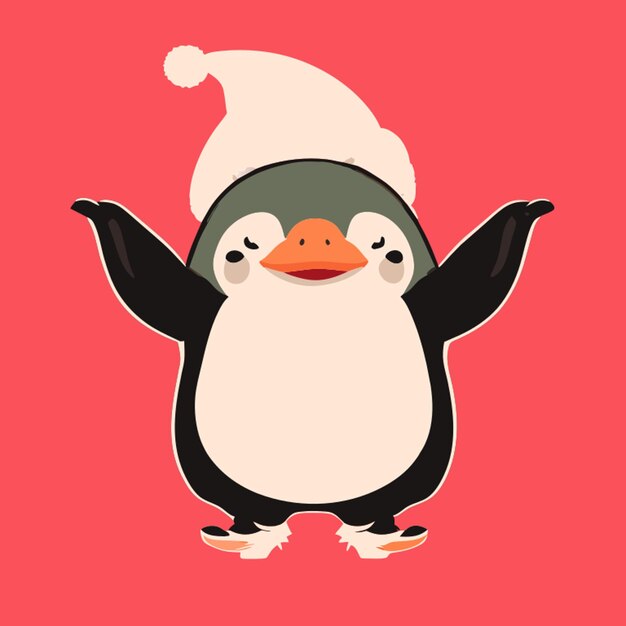 Vetor pinguim vestindo chapéu vermelho de papai noel de pé com os pés erguidos e animando com as mãos erguidas vetor estilo disney