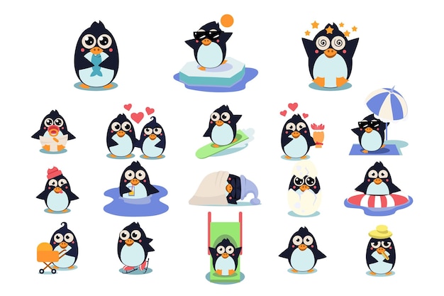 Pinguins de natal engraçados personagens colocam pássaros bonitos em diferentes situações vetoriais ilustrações isoladas em um fundo branco