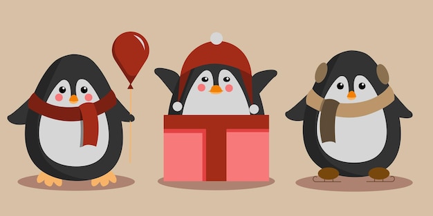 Pinguins de natal, pinguim de balão, pinguim de chapéu, pinguim de caixa, pinguim de patinação no gelo