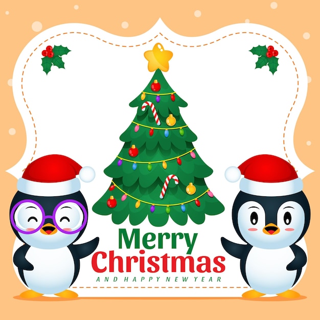 Pinguins fofos apresentando o natal com banner