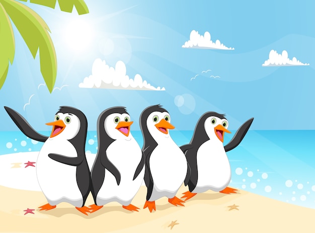 Vetor pinguins fofos na praia