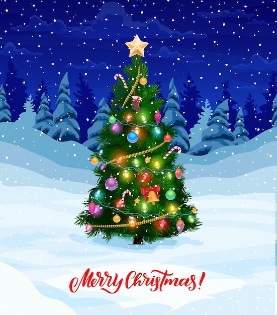 Pinheiro de férias de Natal na neve do inverno. Cartaz festivo de feliz ano novo, cartão de saudação da temporada de inverno ou banner vetorial de férias de Natal com brinquedos decorados, guirlanda, sino e pinheiro de cana-de-doce