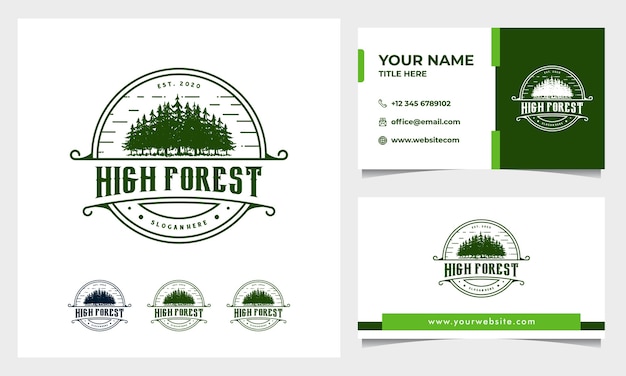 Pinheiro vintage, desenho de logotipo de floresta desenhado à mão com modelo de cartão de visita