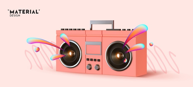 Pink Boombox, áudio e música. Receptor de música moderno e elegante. Objeto 3d realista antigo retrô. Banner de festa, cartaz, cabeçalho para o site. ilustração vetorial