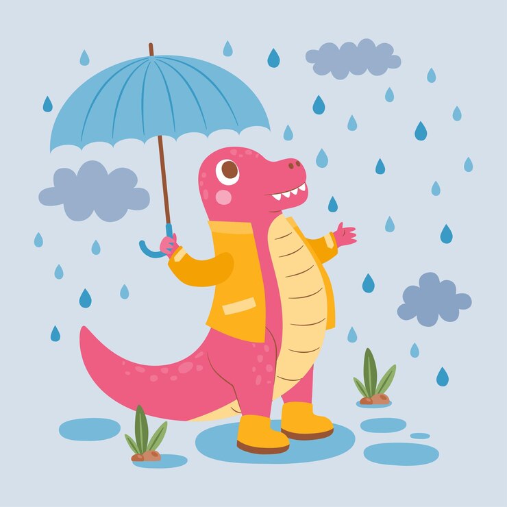 Pink Dino Tyranosaurus Rex em capa de chuva e guarda-chuva no desenho de chuva