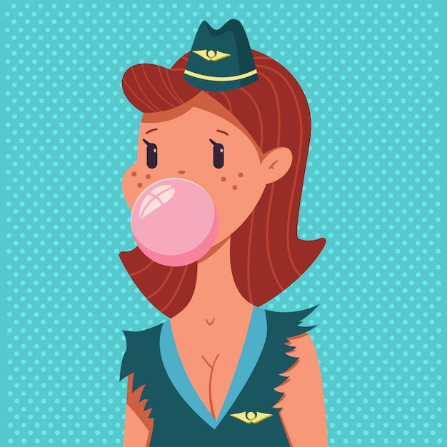 Vetor pino bonito garota fantasiada de aeromoça com chiclete. personagem de mulher de desenho de vetor em estilo vintage pop art