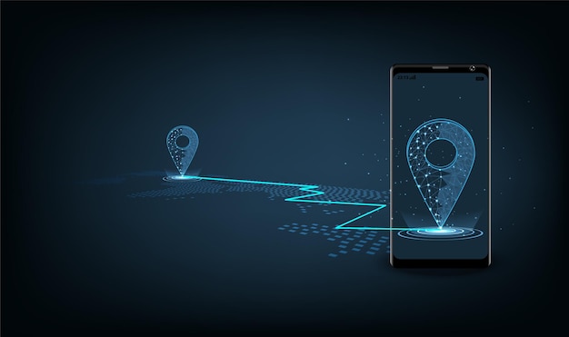 Pino GPS forma linhas de cor azul no Smartphone e fundo azul escuro