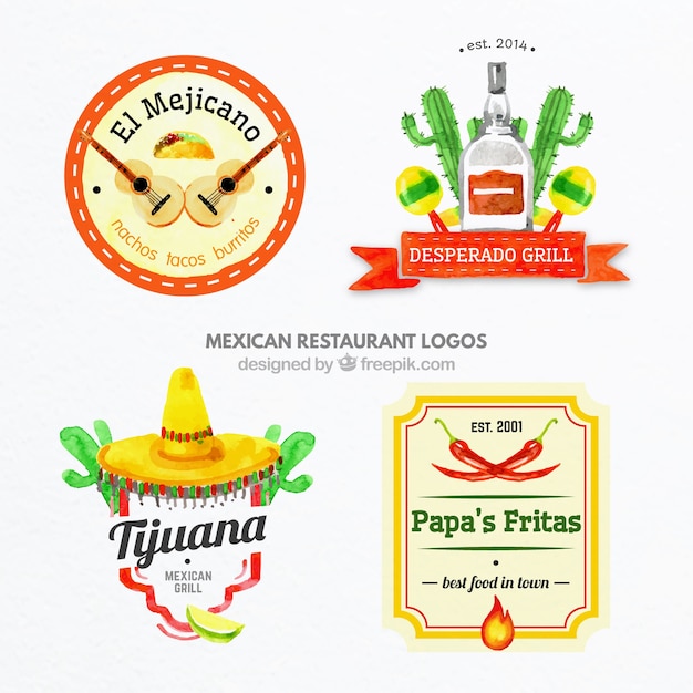 Pintados à mão coloridos logos comida mexicana