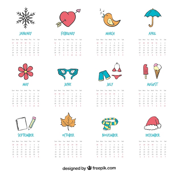 Pintados à mão com o desenho bonito calendário