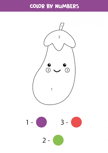 Pinte a berinjela kawaii por números. jogo educativo com vegetais. planilha de matemática. aprendendo a colorir e contar.