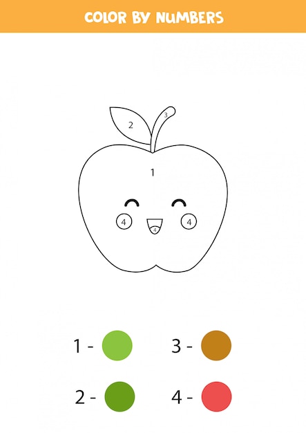 Pinte a maçã kawaii fofa por números. jogo educativo de matemática para crianças. página para colorir engraçada. página de atividades para crianças em idade pré-escolar.