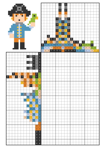 Pinte por quebra-cabeça de lógica numérica, nonograma. jogo educativo para crianças, pirata com papagaio