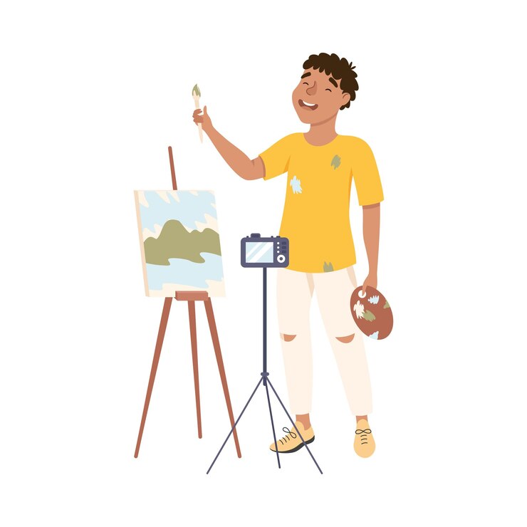 Vetor pintor blogger pintura em tela e gravação de vídeo usando câmera para seu canal de vídeo on-line blogging redes sociais conceito ilustração vetorial de estilo de desenho animado