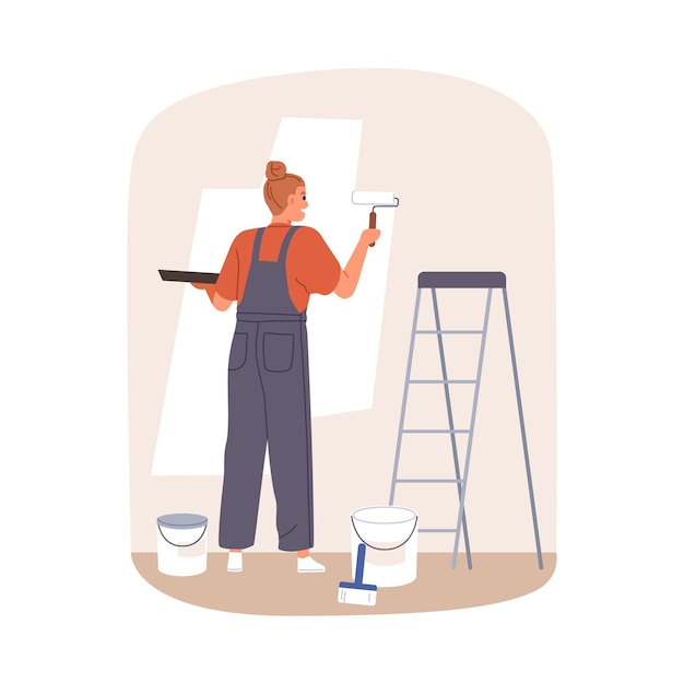 Pintora decorando a parede com tinta e rolo Trabalhadora aplicando nova pintura de cor durante obras de reparação interior de salas de renovação de casas Ilustração vetorial plana isolada em fundo branco