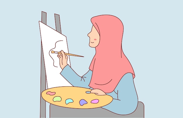 Vetor pintora feminina usando ilustração de hijab