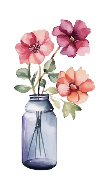 Pintura a aquarela com clip art de flores com vaso