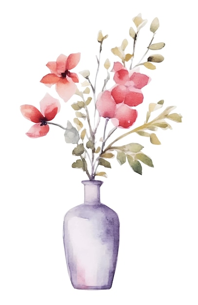 Vetor pintura a aquarela com clip art de flores com vaso