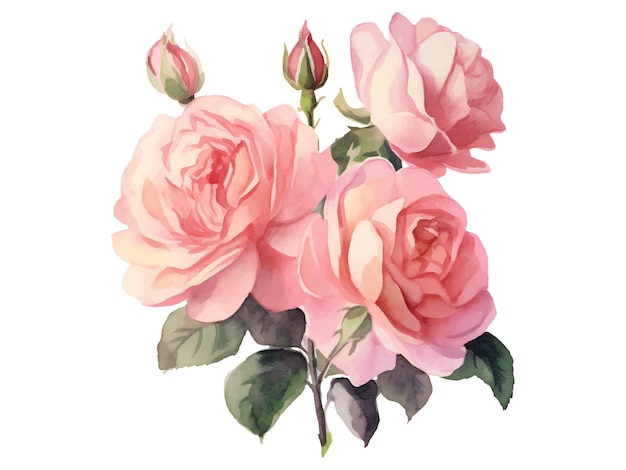 Pintura a aquarela de rosas cor-de-rosa em fundo branco