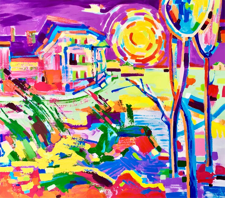 Vetor pintura à mão original de paisagem rural colorida, ilustração vetorial de arte contemporânea