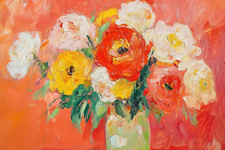 Vetor pintura a óleo de flores vermelhas e amarelas em um vaso com um fundo vermelho com laranja branco rosa y
