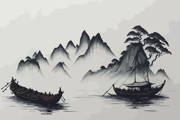 Pintura a tinta chinesa Manhã nebulosa à beira do lago com casa antiga e barco