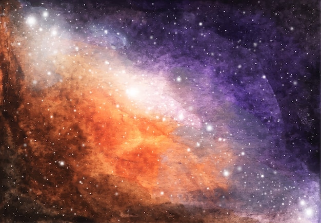 Pintura abstrata da galáxia. Aquarela textura cósmica com estrelas. Céu noturno. Via Láctea profundamente interestelar. Céu claro com nuvens roxas e marrons, respingos de estrelas brancas.
