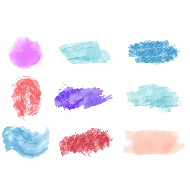 Pintura aquarela traços de pincel set rosa e roxo ilustração vetorial de paleta de cores em branco de volta