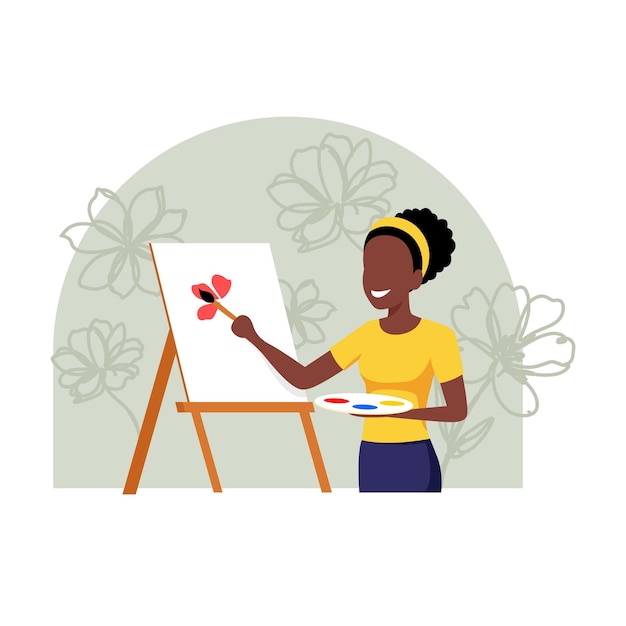 pintura de artista feminina em tela ilustração plana
