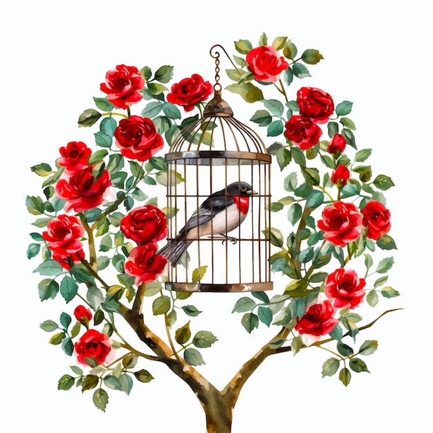 Vetor pintura de aves dentro e fora da gaiola com flores