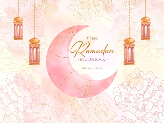 Vetor pintura de lua crescente rosa do fundo do cartão de ramadã mubarak