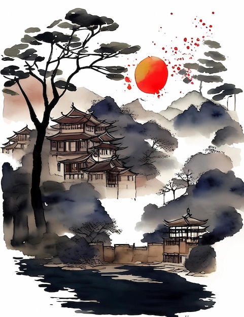 Pintura de paisagem com tinta chinesa Pintura de paisagem com tinta Ilustração de paisagem Arte Oriental Ilustração de tinta e lavagem Fundo de paisagem